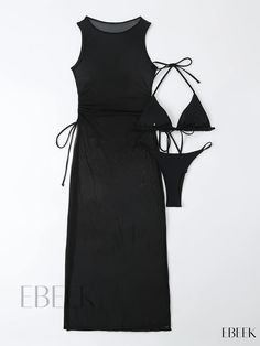 Ebeek - Versatile Black Stretchy 2-Piece Swimwear Set: Halter Triangle V String Bikini & Sleeveless Tie Side Cover Up Dress - Womens Swimwear and Clothing Collection Fitted Sleeveless Sets For Poolside, Fitted Sets For Vacation In Solid Color, Fitted Vacation Sets In Solid Color, Fitted Solid Color Vacation Sets, Fitted Solid Color Sets For Vacation, Sleeveless Sets For Poolside And Beach Season, Black Two-piece Set For Summer, Stretch Sleeveless Tankini With Drawstring, Sleeveless Stretch Tankini With Drawstring