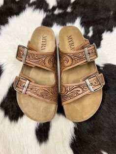 Myra Brand  Genuine Leather  No half sizes Recommend sizing up if in between sizes Western Style Open Toe Sandals For Spring, Tooled Leather Sandals, Cowboy Hat Hair, Cowgirl Stuff, Back To School Fits, Concho Belt, Western Theme, Wedding Sandals, Western Wedding