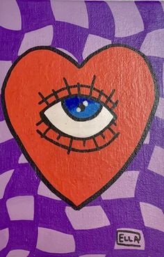 an image of a heart with eyes painted on it's face and purple background