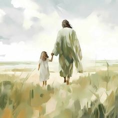 a painting of a mother and daughter holding hands while walking through tall grass on a cloudy day