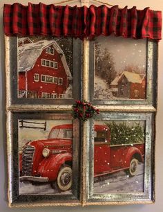 an old fashioned red truck with christmas decorations on it's windowsill is hanging from the wall