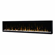 an electric fireplace with flames on the side and black frame, in front of a white background