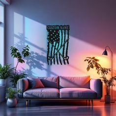 a living room with a couch, potted plants and an american flag on the wall