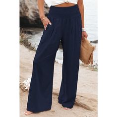 Apple Green and Black Women's Wide Leg Linen Pants Casual Beach Pants For Fall, Casual Fall Beach Pants, Summer Workwear Pants In Solid Color, Solid Color Summer Pants For Work, Summer Day Out Casual Pants, Trendy Solid Color Summer Pants, Casual High Waist Summer Pants, Casual Bottoms For Fall Vacation, Casual Fall Vacation Bottoms