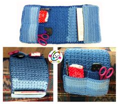 two pictures show the inside of a crocheted bag with scissors and other items in it