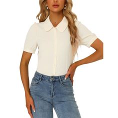 The beautiful and soft blouse adds a touch of elegant, feminine style to your wardrobe. It is suitable for spring and summer and for many occasions, such as casual, work, office, meeting, dating, weekend, leisure, and daily wear. Pair this doll-collar shirt with the high-waist jeans and sneakers for your casual-chic look, or wear it with a pencil skirt and high heels for sophistication and elegance. Chic Collared Business Casual Shirt, Chic Collared Shirt For Business Casual, Chic Business Casual Shirt With Collared Neckline, Elegant Solid Color Summer Shirt, Solid Color Collared Blouse For Business Casual, Solid Collared Blouse For Business Casual, Beige Office Lady Tops, Business Casual Collared Blouse, Beige Workwear Shirt