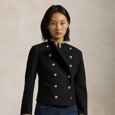 This surplus-inspired blazer merges a double-breasted silhouette with metallic soutache trim at the neckline and cuffs. Crafted with cotton-and-wool interlock fabric it’s cut for a slim cropped fit and finished with signature engraved gold-tone buttons. Luxury Ralph Lauren Outerwear, Ralph Lauren Tailored Luxury Blazer, Ralph Lauren Luxury Long Sleeve Blazer, Luxury Ralph Lauren Blazer For Workwear, Luxury Ralph Lauren Blazer For Work, Ralph Lauren Fitted Wool Blazer, Luxury Wool Blazer With Gold Buttons, Elegant Ralph Lauren Outerwear With Button Closure, Ralph Lauren Winter Blazer For Tailoring