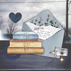 a collage of books, a camera and a heart on the side of a road