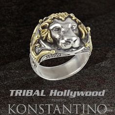 Konstantino GOLD LION RING 18k Gold Maned Lion Head Ring for Men Lion Ring Gold, Lion Ring Gold Men, Lion Face Ring For Men, Mens Sterling Silver Jewelry, Lion Locket For Men, Lion Pendant Men, Cool Rings For Men, Mens Designer Jewelry, Unique Mens Rings