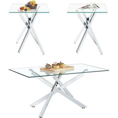 three glass tables with metal legs and trays on each side, one has food in it