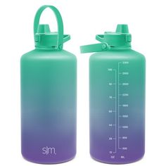 two green and purple water bottles with measuring lines