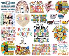 some different types of stickers on a white background with the words postal worker, postal worker