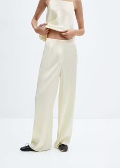 Flowy satin pants -  Women | Mango USA Wide Leg Pants Satin Top, Satin Pants Beige, Long Satin Pants, Silk Pants For Women, Silk Womens Pants, Banana Republic Satin Pants, Silk Set Pants, Silk Jogger Pants, Mango Trousers