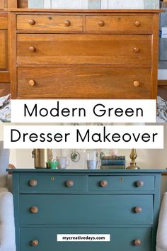 an old dresser is transformed into a modern green dresser makeover