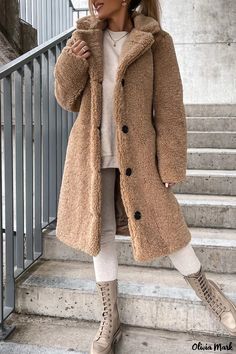 Olivia Mark - Chaqueta de color caqui: Chaqueta sólida con cuello vuelto y cierre de hebilla Curly Long Hair, Long Cardigan Coat, Casual Outerwear, Mini Robes, Cold Weather Outfits, Turndown Collar, Warm Coat