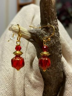 Small Siam Red Czech Glass Cathedral Bead & Gold Dangle Drop Earrings. 1" | eBay Vintage Beaded Earrings With Ear Wire As Gift, Vintage Beaded Earrings As Gift, Vintage Adjustable Beaded Earrings For Gift, Vintage Red Beaded Earrings As Gift, Vintage Red Beaded Earrings For Gift, Red Beaded Jewelry For Gift Making, Elegant Red Beaded Earrings For Christmas, Hypoallergenic Red Earrings For Gift, Vintage Dangle Beaded Earrings As Gift