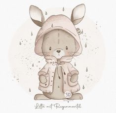 a drawing of a bunny wearing a hoodie and holding an umbrella in the rain