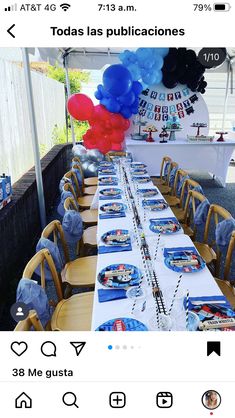 a table set up for a birthday party with balloons