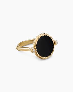 David Yurman | DY Elements Reversible Swivel Ring in 18K Yellow Gold with Diamonds, 15mm Swivel Ring, Black Pearl Ring, Unique Ring Designs, Black Onyx Jewelry, David Yurman Ring, Designer Rings, Tattoo Script, Onyx Jewelry, Black Onyx Ring