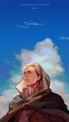 an anime character with blonde hair wearing a brown coat and hood over his head, looking at the sky