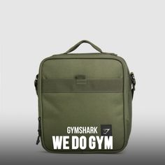 a gym bag with the words gym shark on it and we do gym written in white