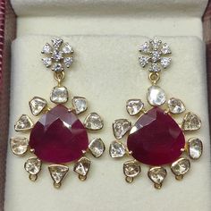 Product code: 280000 weight: 12.300 grams gemstone name: ruby gemstone weight: 18 cts (heart) diamond weight: 2.00 cts (uncut rosecut) + 1.01 ct (excellent deluxe rbc) closure: screwback dimensions: 38 mm x 25 mm ps: 3 small links at bottom of each earring is optional for hanging beads or any additional customisation. if not needed, please add in personalisation message and we will remove them. Hanging Beads, Heart Diamond, Ruby Gemstone, Rose Cut Diamond, Diamond Heart, Favorite Jewelry, Jewelry Earrings Dangle, Diamond Earrings, Beauty Book