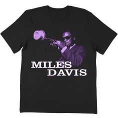 a black t - shirt with the words miles davis on it and a photo of a man