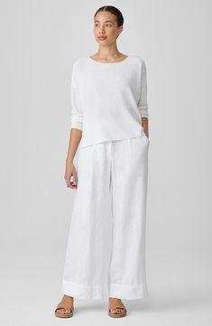 Give your warm-weather wardrobe a refresh with these contemporary pants cut from lightweight organic linen with an airy feel you'll love. 29 1/2" inseam Zip fly with hook-and-bar closure Side-seam pockets 100% organic linen Machine wash, line dry Imported Eileen Fisher Style, Linen Pants Outfit, Linen Wide Leg Pants, Fair Trade Clothing, White Linen Pants, Wide Leg Linen Pants, Linen Pants Women, Organic Linens, Linen Trousers