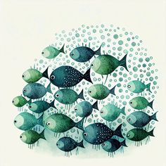 a group of fish that are standing in the water with bubbles on it's surface