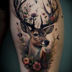 a deer with flowers and butterflies on it's thigh