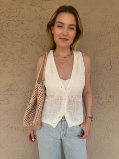 Enza Costa Linen Open Knit Vest - White White Open Knit Sweater Vest For Summer, Casual White Open Knit Vest, Casual White Open Knit Sweater Vest, Spring Open Knit Cotton Vest, Sleeveless Open Knit Cotton Sweater, Tank Top And Jeans, Top And Jeans, Weather Wear, Vest White