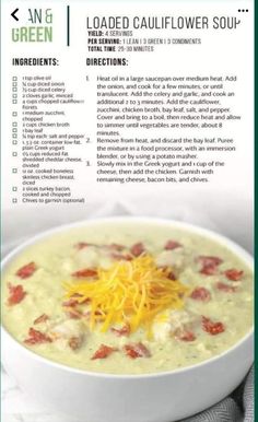 the recipe for loaded cauliflower soup is shown in this brochure format