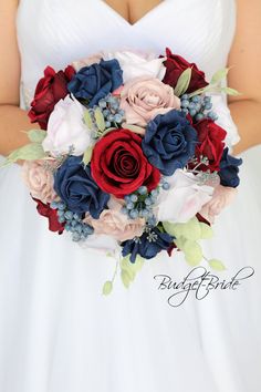 a bridal holding a bouquet of red, white and blue flowers