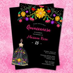 an image of a black and pink quinceaura birthday party with flowers on it