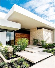 a modern house with plants and rocks in the front yard