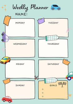 a weekly planner with cars on it