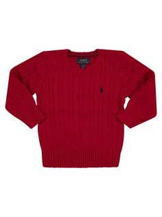 This version of the iconic Ralph Lauren cable-knit sweater is made from breathable combed cotton and has been pre-washed for softness. - Exclusive embroidered pony on left chest side - Crew neck - Long sleeves with ribbed cuffs - Ribbed hem DESIGNER ID: 322702674 043Composition: 100% Cotton Cable Knit Cotton Polo Sweater For Fall, Fall Cotton Cable Knit Polo Sweater, Fall Cable Knit Cotton Polo Sweater, Classic Cotton Cable Knit Sweater, Red Cotton Cable Knit Sweater, Red Cable Knit Cotton Sweater, Cotton Polo Sweater With Textured Crew Neck, Ralph Lauren Cotton Sweater With Ribbed Cuffs, Ralph Lauren Long Sleeve Cable Knit Sweater