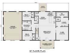 the first floor plan for a house with two bedroom and an attached garage, as well as