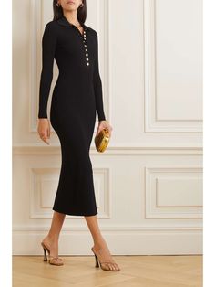 GUCCI Button-embellished ribbed-knit midi dress | NET-A-PORTER Gucci Black Dress, Gucci Outfits, Matthew Williamson, Designer Accessories, Knit Midi, Knit Midi Dress, Gucci Black, Black Dresses, Black Rib