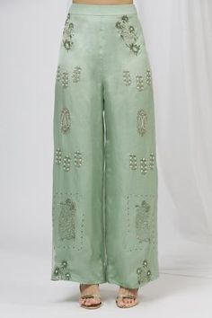 Shop for Shruti Ranka Green Satin Organza Pant Set for Women Online at Aza Fashions Elegant Embellished Sharara For Summer, Summer Festive Organza Palazzo Set, Elegant Summer Festive Palazzo Set, Chic Silk Set For Festive Occasions, Chic Festive Eid Sets, Chic Silk Sets For Festive Occasions, Chic Festive Silk Sets, Elegant Embellished Summer Pants, Chic Festive Sets With Straight Pants