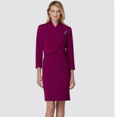 Brand New - With Tags - Comes With The Jacket And The Dress (Its A Pair). Included Pictures Of A Blue Suit So You Can See Different Angles But The Suit It Self Is Magenta. Elegant Fitted Outerwear With Stand Collar, Fitted Outerwear With Stand Collar For Evening, Fitted Evening Outerwear With Stand Collar, Elegant Evening Outerwear With Stand Collar, Elegant Cocktail Outerwear For Fall, Elegant Spring Career Outerwear, Long Sleeve Jacket Dress For Fall Cocktail, Long Sleeve Cocktail Jacket Dress For Fall, Fitted Fall Cocktail Jacket Dress