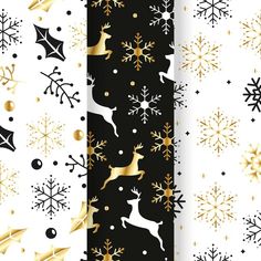 three christmas patterns with gold and black snowflakes, holly leaves, and reindeers