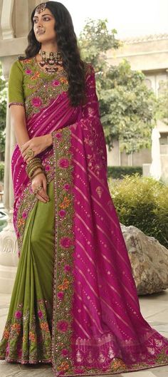 Cost Includes Cost includes Saree,Unstitched BlouseFall & Edging Work Description: Green, Pink and Majenta color Saree in Silk fabric with Bugle Beads, Embroidered, Mirror, Resham, Thread work Fabric: Silk Work: Bugle Beads, Embroidered, Mirror, Resham, Thread Color Family: Green, Pink and Majenta Style: South Occasion: Traditional, Wedding Saree Dimension: 530 Cm x 110 Cm ( L x W) Blouse Length: 80 Cm Approx Washing Instruction: Dry Wash Wedding Saree, Silk Wedding, Bugle Beads, Mirror Work, Fabric Silk, Thread Work, Blouse Length, Saree Wedding, Silk Fabric