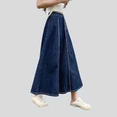 Stylish flared long denim skirt online—cool women's denim skirt from the 2023 Spring-Summer collection. Fashion trends allow individuals to express their originality and showcase their personalities. It can help boost self-confidence and self-esteem by enabling people to look and feel good about themselves. With fashion, you can experiment with new styles and gain the courage to take risks and try new things, leading to tremendous success in all aspects of life.The stonewashed pattern is a notab Denim Skirts Online, Flared Denim Skirt, Womens Denim Skirts, Denim Jacket Fashion, Long Denim Skirt, Fit And Flare Skirt, Jeans Jacket, Denim Trends, Denim Flares