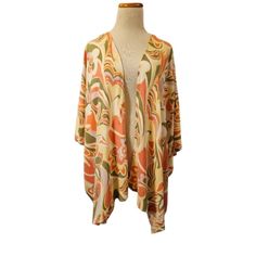 Open Front Kimono Cardigan One Size Retro Print Lightweight Multicolor Kimono - Topper - Cover-Up Open Draped Front Beautiful Yellow, Coral, Lavender, And Green Tones Perfect For Spring And Summer Layering Over A Tank Or Cropped Top. Very Lighweight So It Doesn't Take Up Much Space In A Suitcase When Traveling. Take It On A Cruise Ship Or To The Beach. Yellow Cardigan For Beach During Spring, Yellow Cardigan For Spring Beach Occasion, Spring Yellow Beach Cardigan, Yellow Spring Cardigan For The Beach, Yellow Summer Cardigan For Day Out, Multicolor Open Front Cardigan For Day Out, Yellow Spring Beach Cardigan, Spring Multicolor Loungewear Cardigan, Spring Multicolor Cardigan For Loungewear