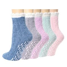 NON-SLIP SOCKSGrippy socks for women. The anti-slip nubs work well, nice thick gripper socks for warmth and safety. The grips on the bottom are great for people on hardwood floors. No squeezing your feet into shoes around the house and your toes are not hurting. Non slip fluffy socks for women elderly.SIZE & PACKINGOne size fits all non skid socks, easy to slip on and off, fits women's shoe size 5-10; Nice length, a little above the ankle; 5 pairs of green, purple, blue, pink and grey fuzzy Hospital Socks, Cabin Socks, Holiday Socks, Fluffy Socks, Comfy Slippers, Soft Coral, Comfortable Slippers, Winter Slippers, Fuzzy Slippers