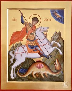 an icon of st george riding on a white horse