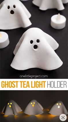 the ghost tea light holder is made out of white paper and has glowing eyes on it