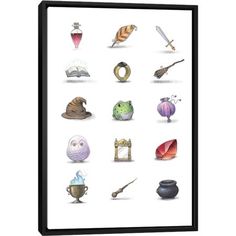 a framed poster with different types of objects on it's sides, including an owl and