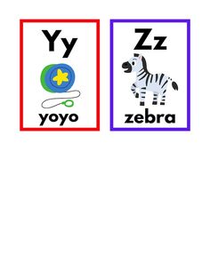 two pictures with the letters y, z and zebra in different colors on each side